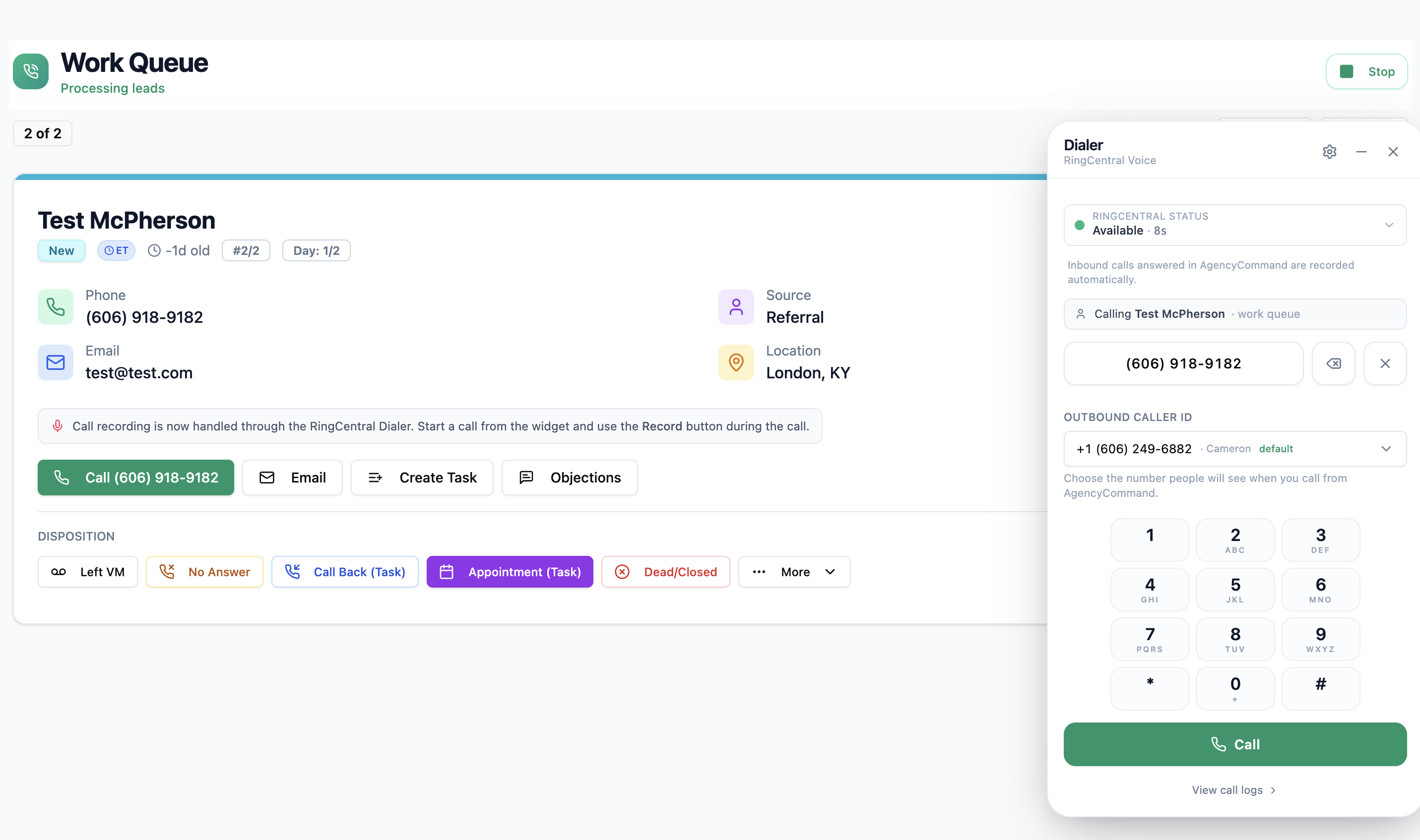 RingCentral dialer docked inside AgencyCommand so calls start from the lead or client record