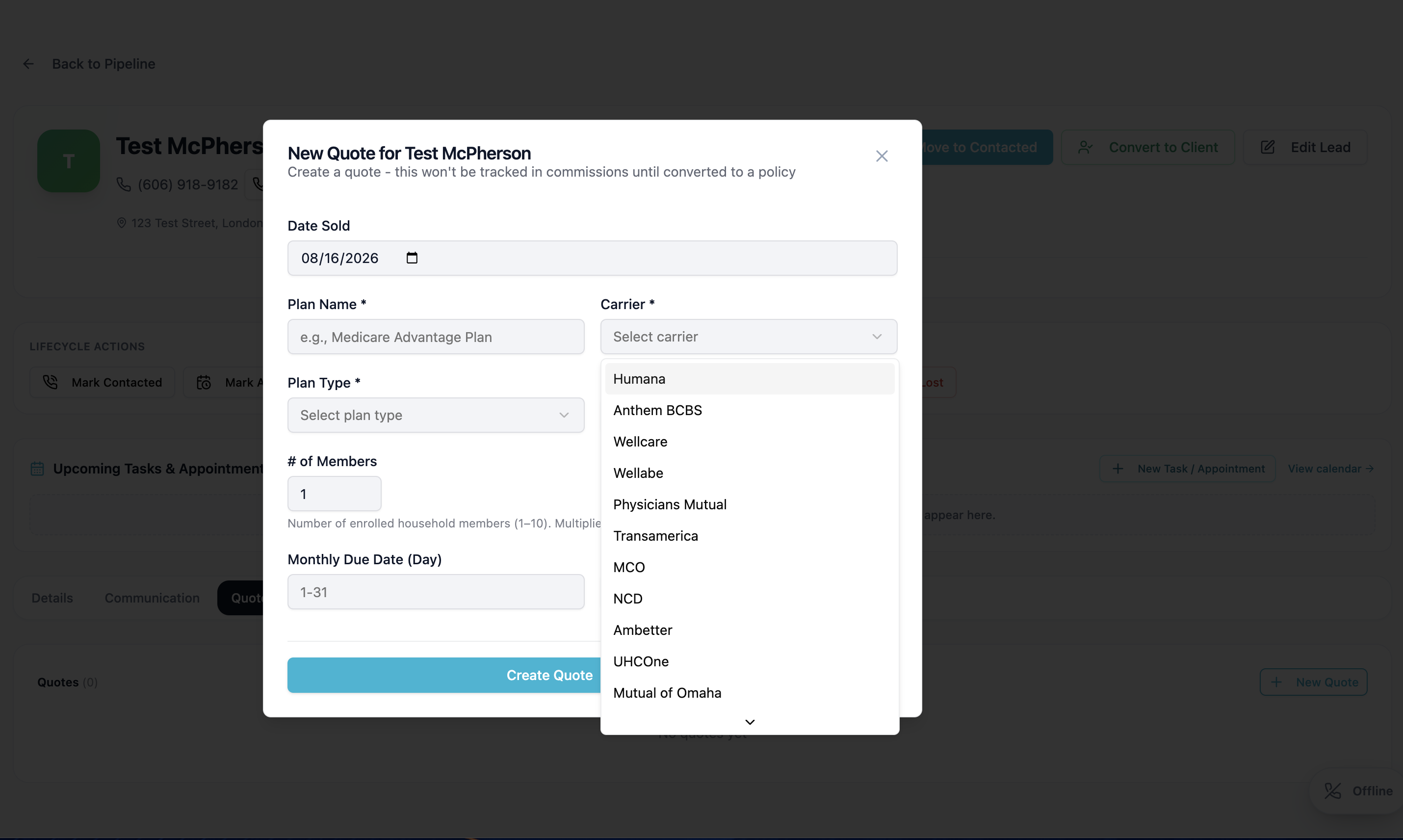 Quotes recorded on a lead, capturing the plans and premiums presented to them
