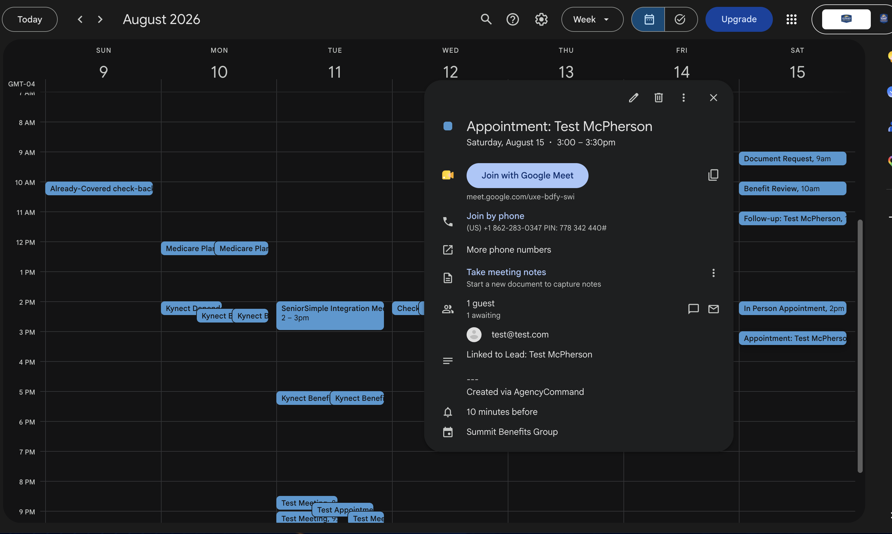 Agent schedule including events synced from Google Calendar and bookings that arrived through Calendly