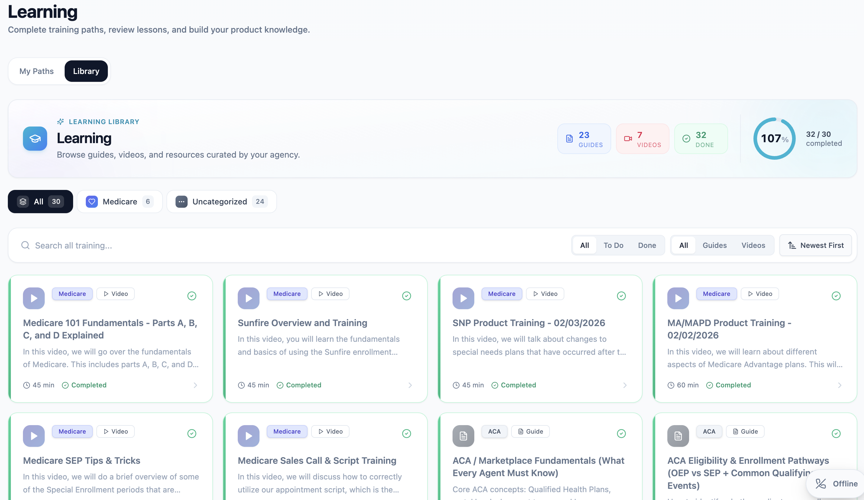 An agent's assigned learning paths with due dates and completion progress for each