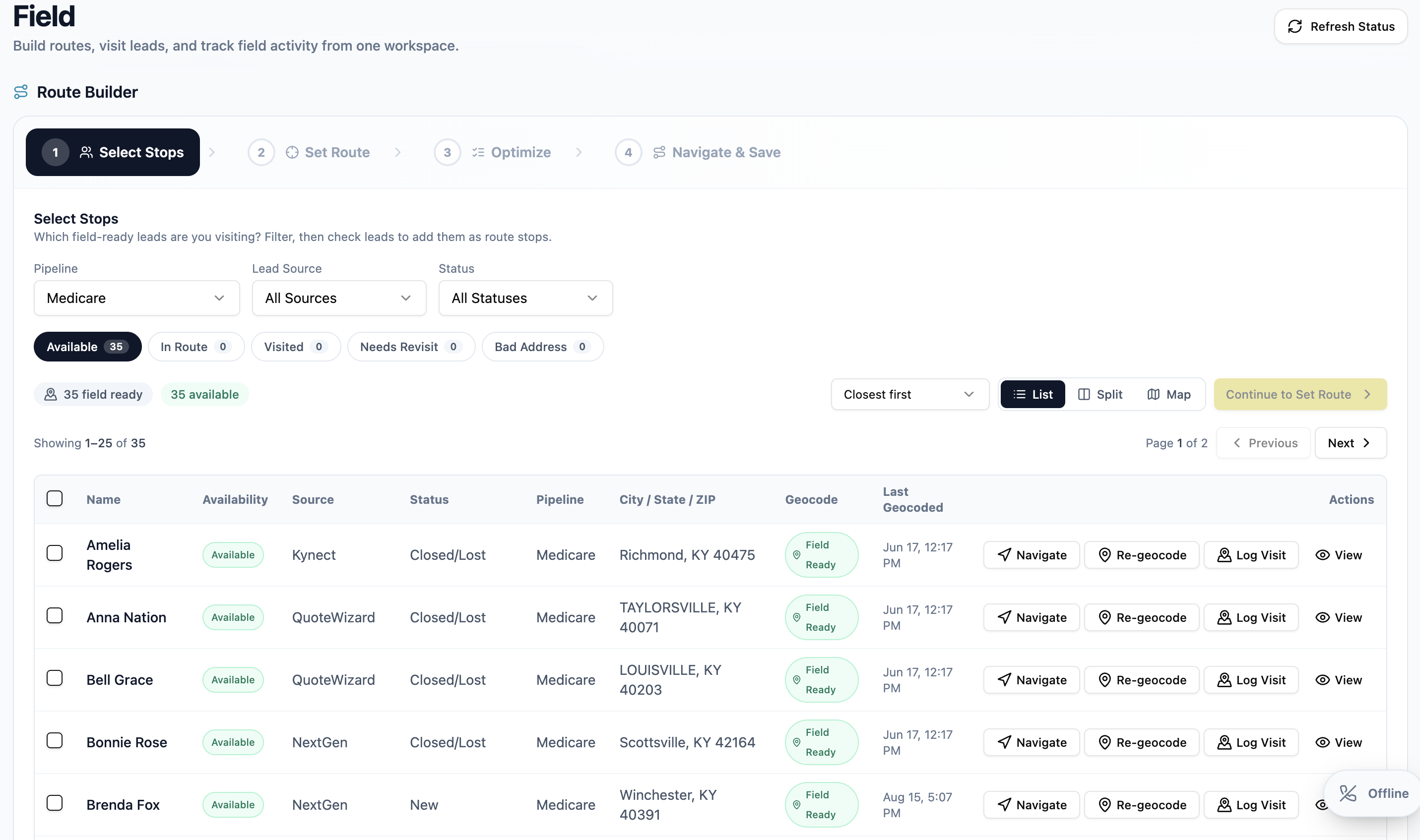 Field route builder selecting which leads to visit and where the day starts
