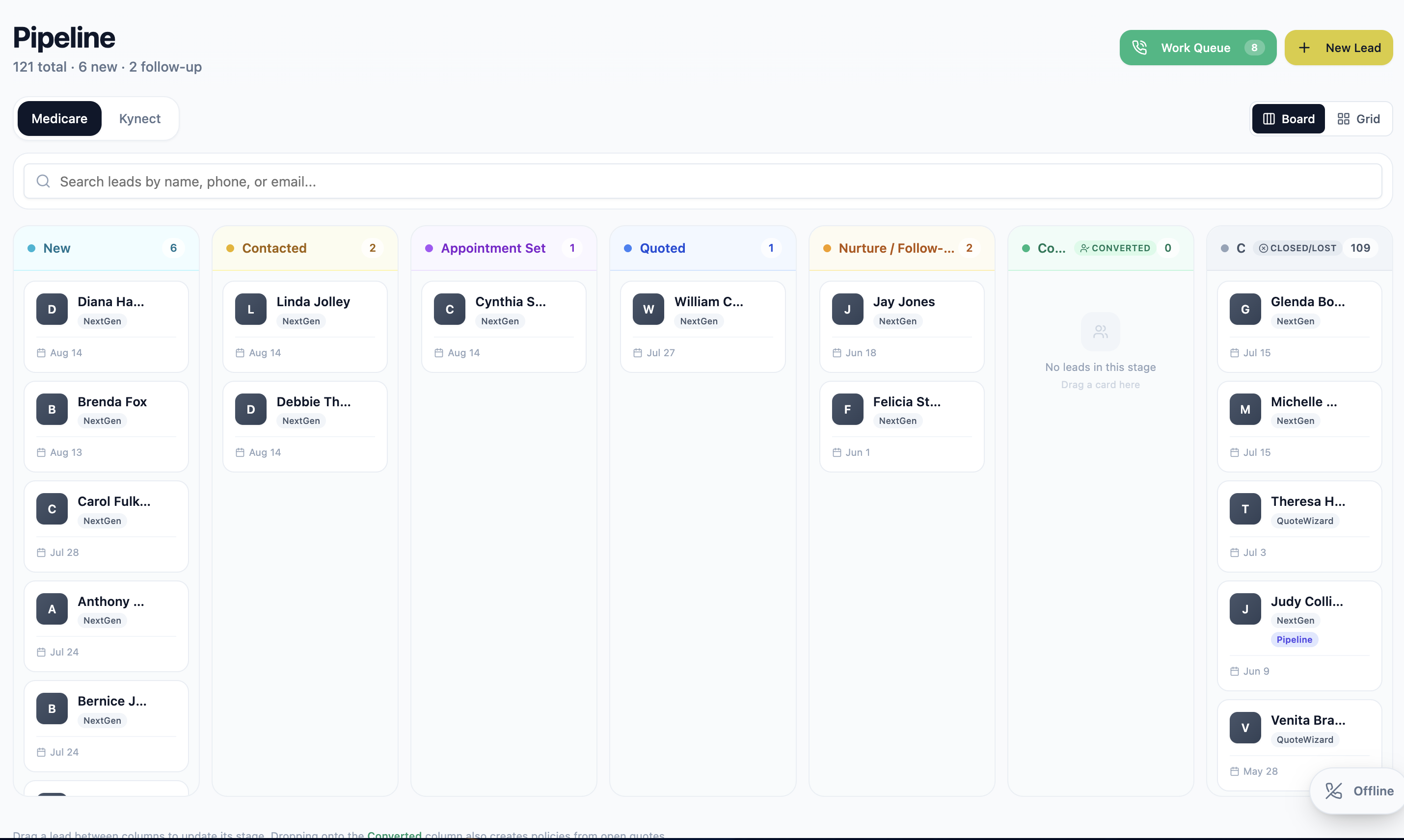 Lead record with contact details, lead source, current status, and the follow-up scheduled next