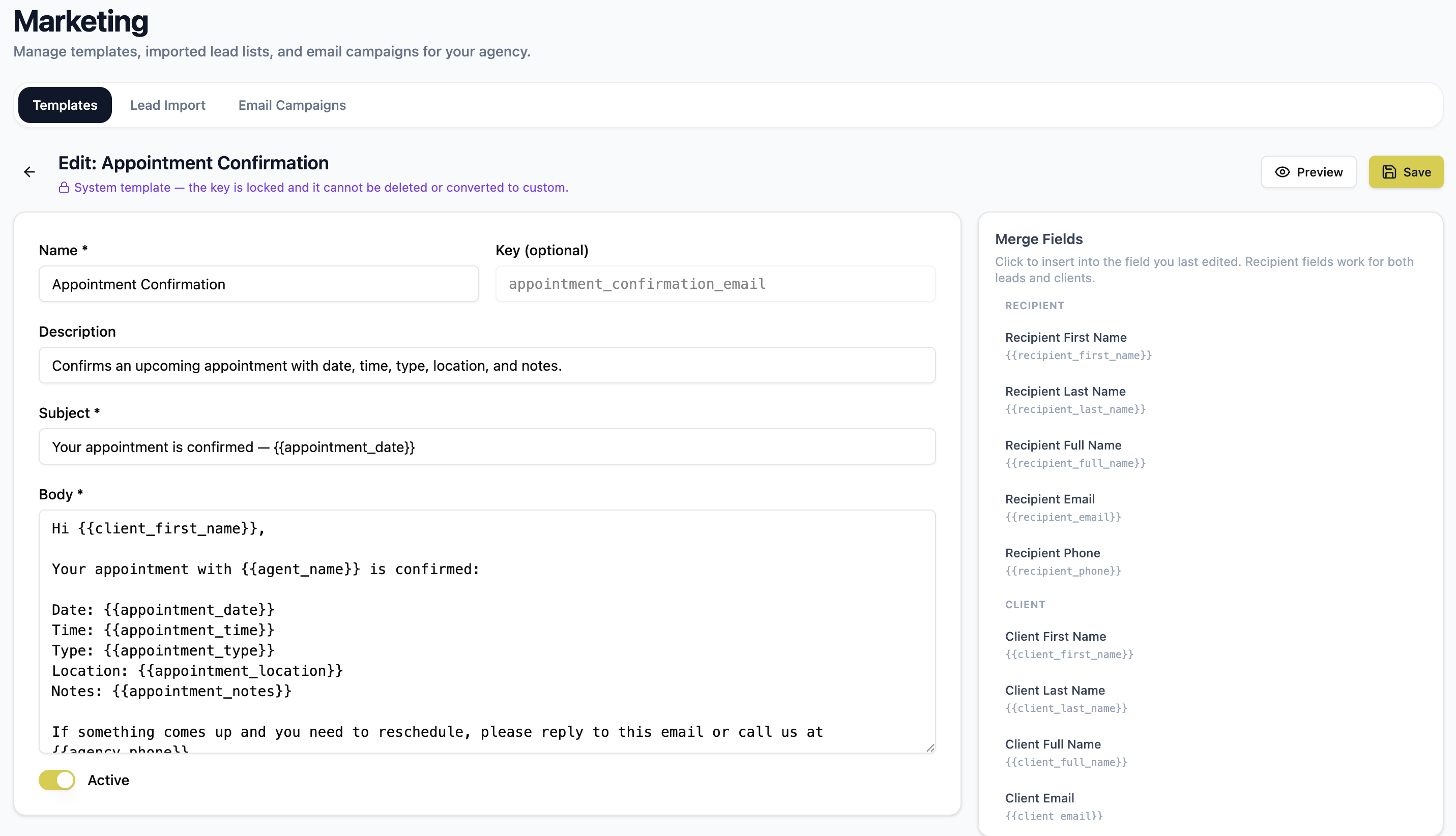 Email template preview with merge fields filled in from current client, policy, and agency information