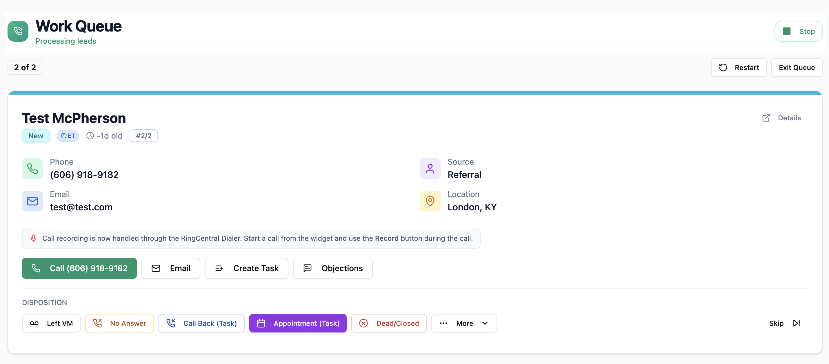Work Queue session presenting one lead at a time with the context needed to make the call