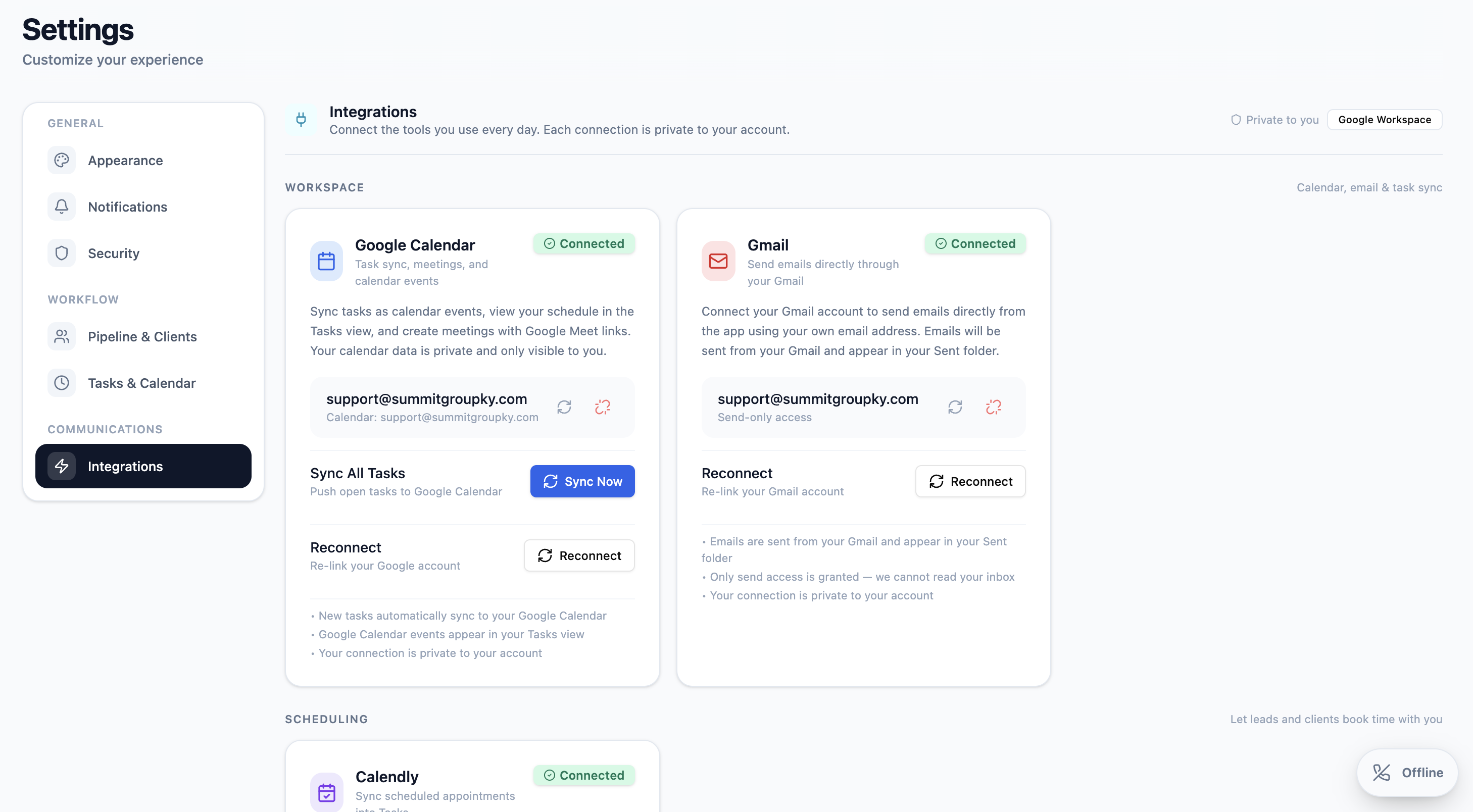 AgencyCommand integration settings for connecting Google Calendar, Gmail, and Calendly accounts