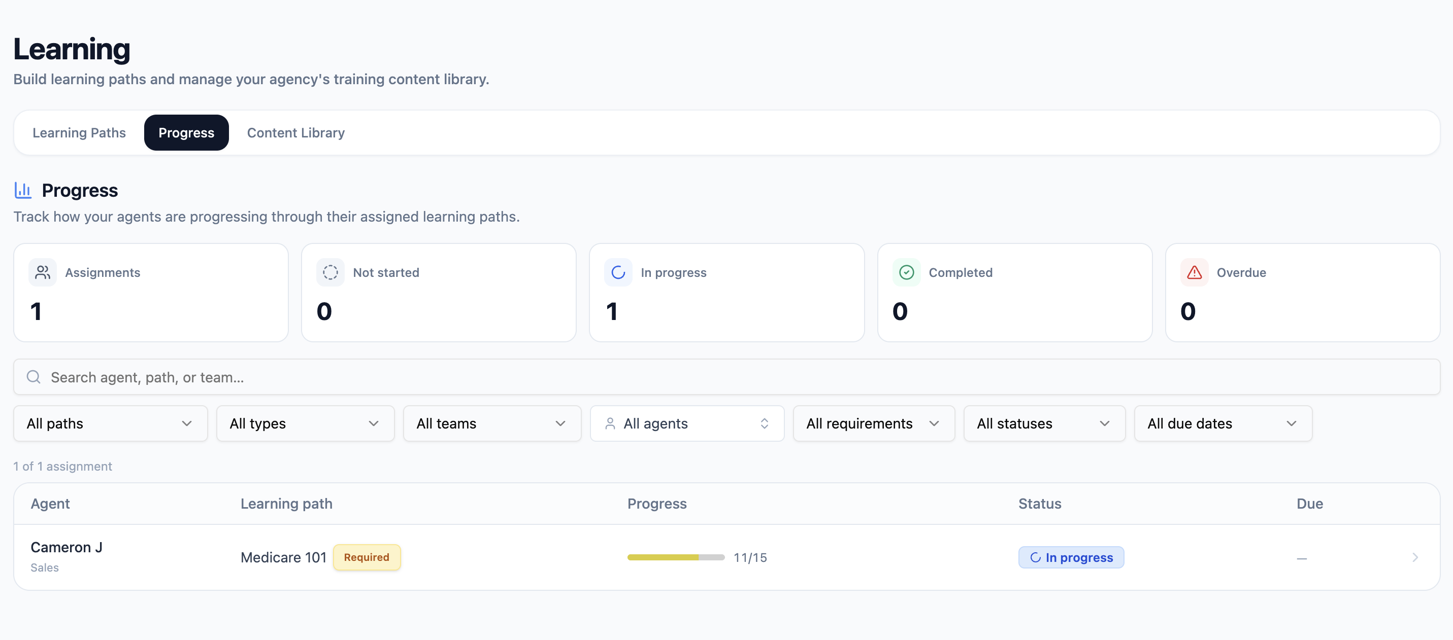 Agency-wide learning progress showing which agents have completed each assigned path