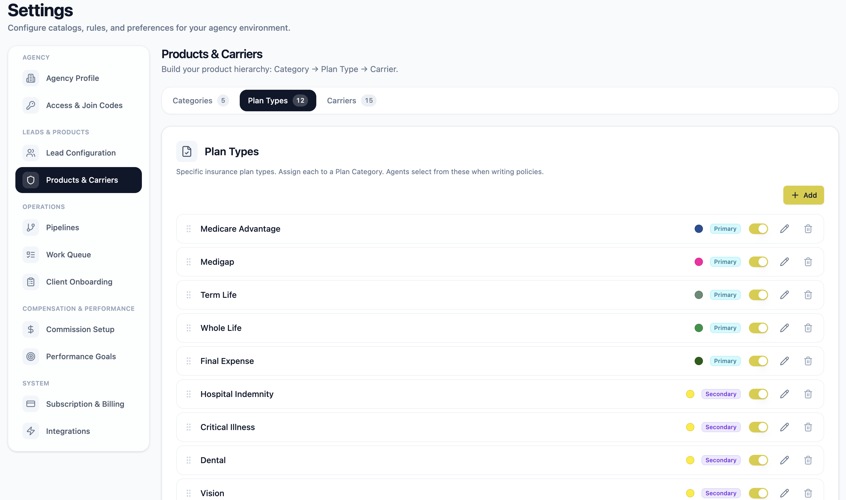 AgencyCommand settings where an agency configures its own catalogs, rules, and workflow standards
