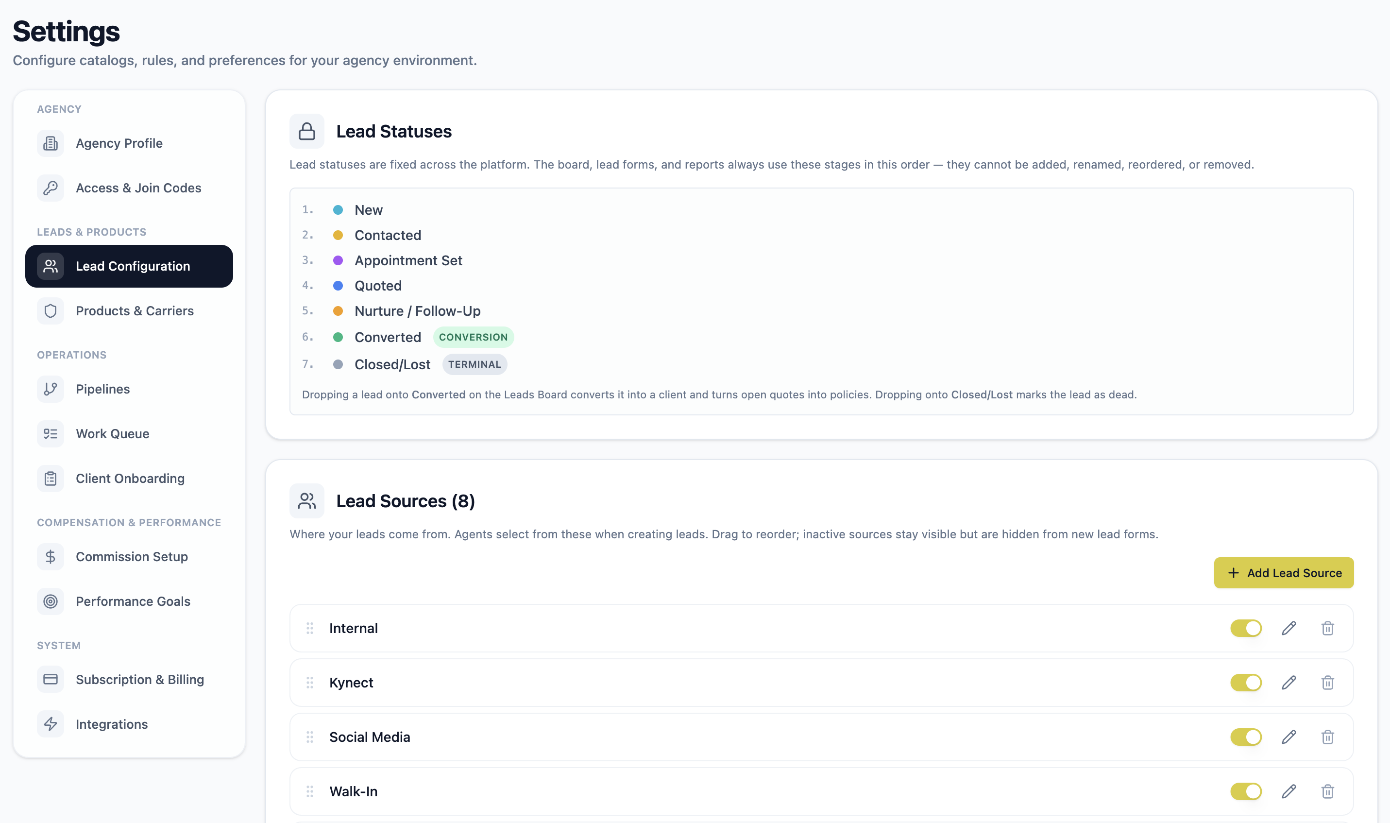 Lead source catalog defining where the agency's leads come from, later used in filters and reporting