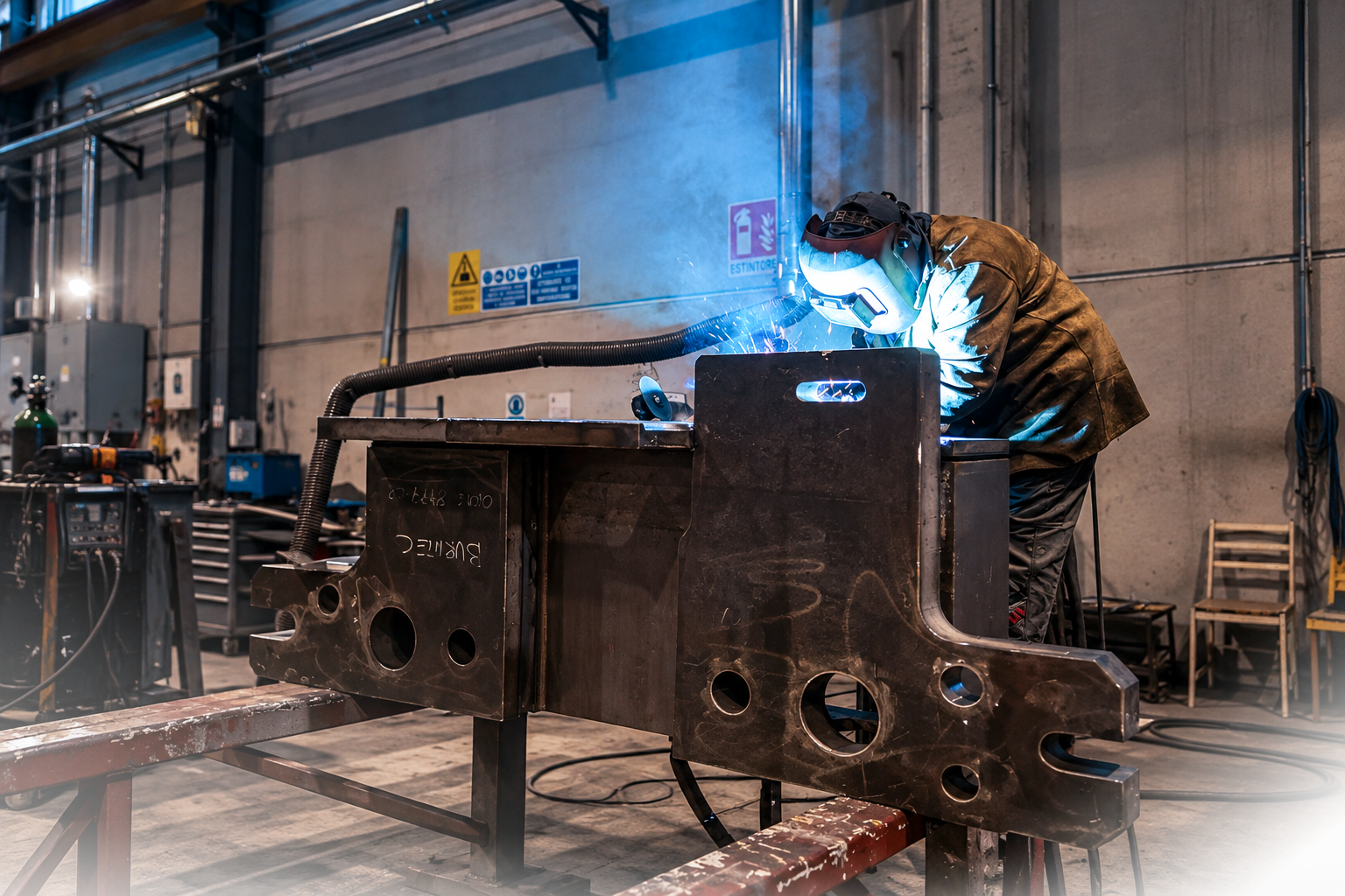 Welder working on a large steel component in a workshop
