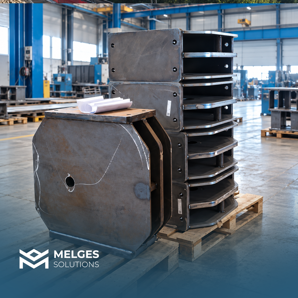 Finished metal components in an industrial workshop