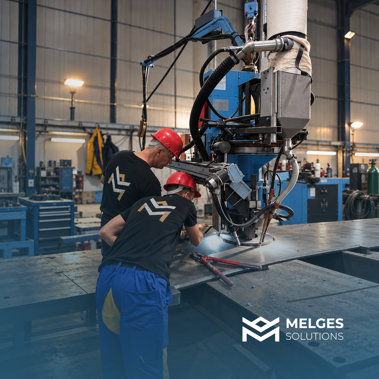 Industrial workers operating welding equipment