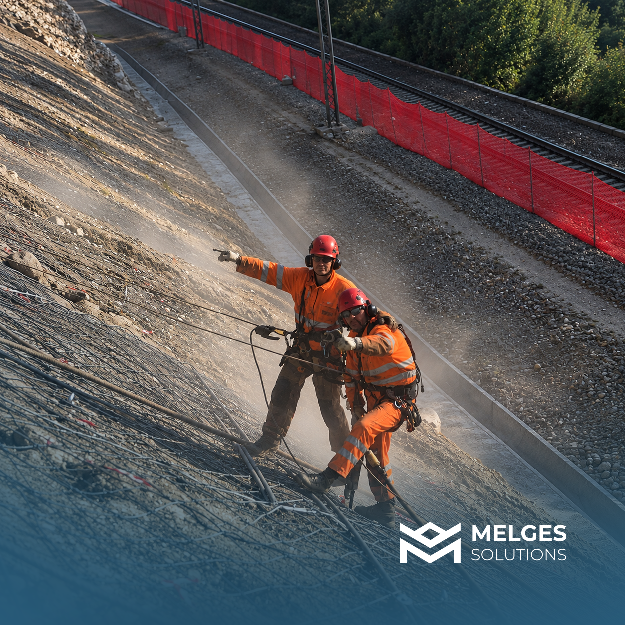 Workers performing work at height on a rocky slope