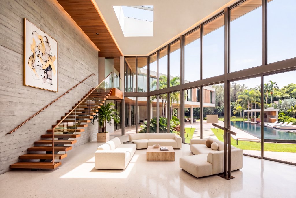Double-height living, framed by light