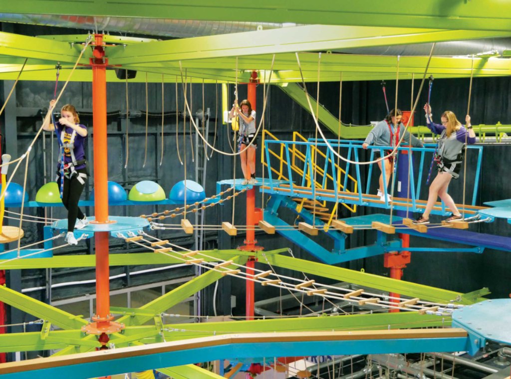 Group of girls navigating the Sky Trail ropes course at Allegan Event