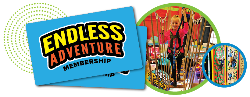 Endless Adventure Membership card with a child on the Sky Trail ropes course at Allegan Event