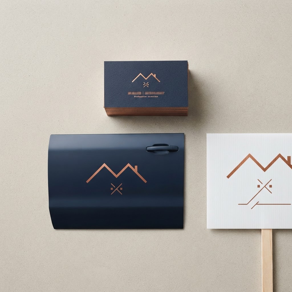 Concept application preview: business cards, vehicle graphics, and yard sign using the proposed Vogel Roofing identity