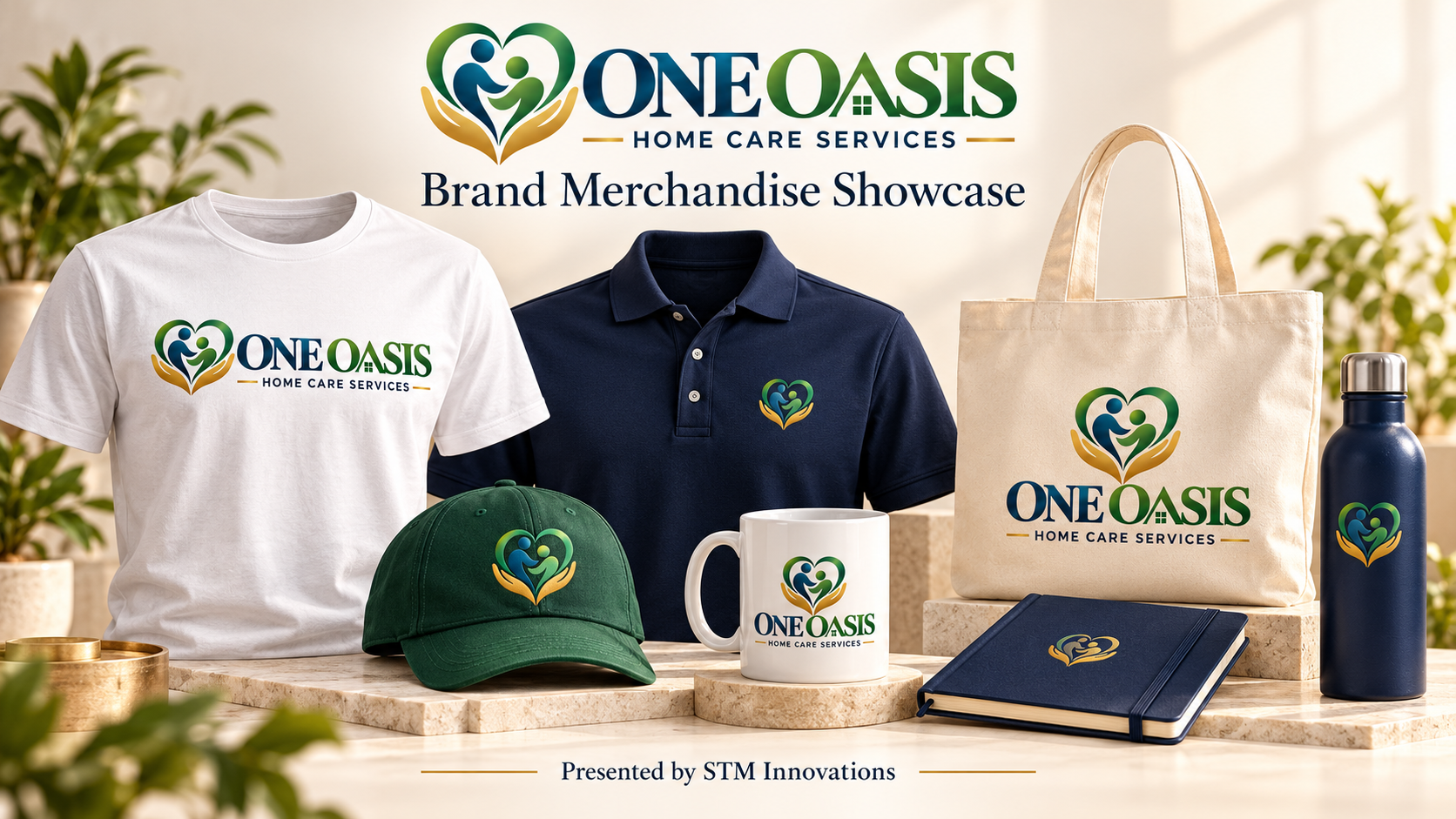 One Oasis brand merchandise showcase — t-shirts, caps, polos, mug, tote bag, notebook, and water bottle