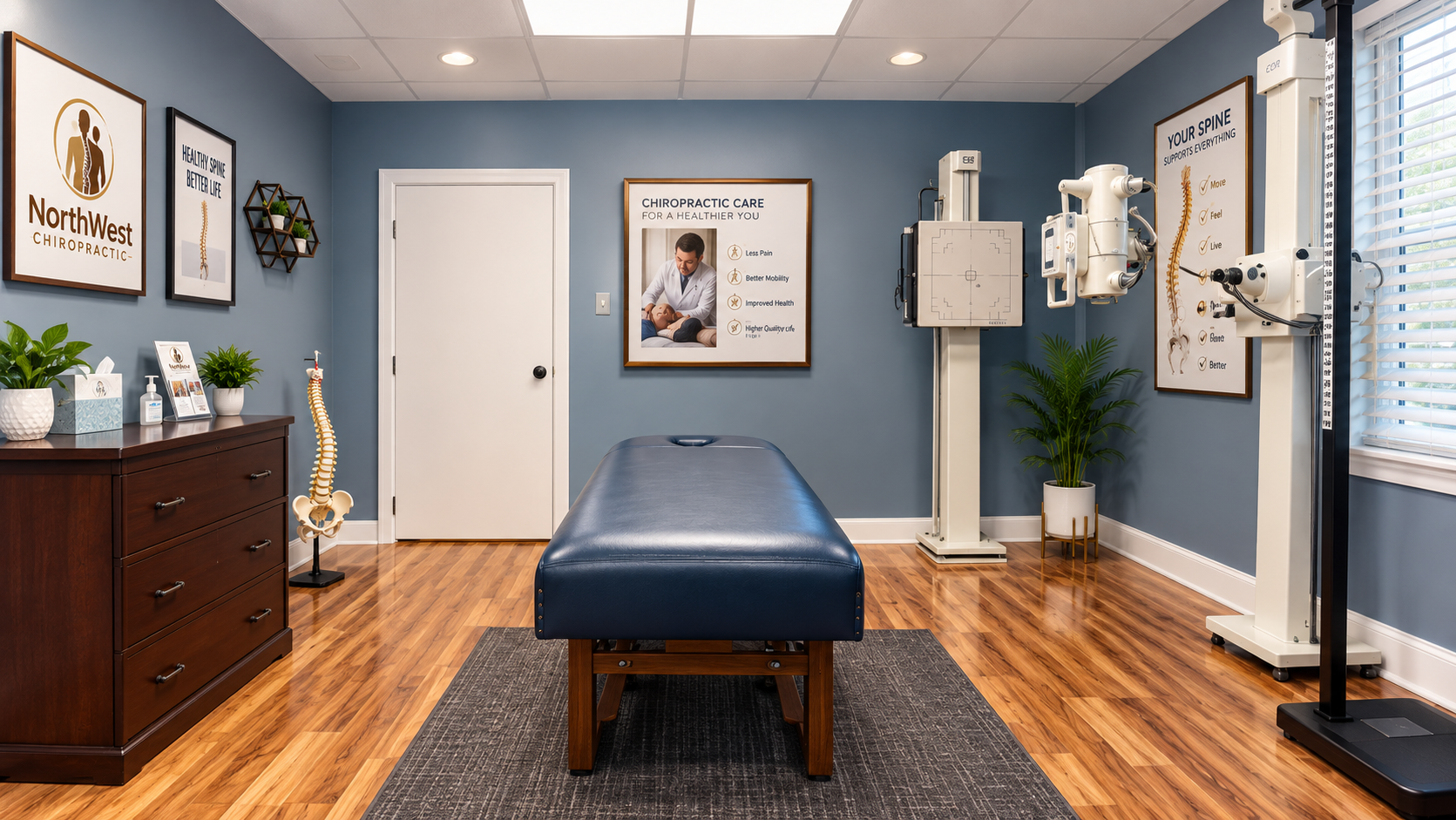 NorthWest Chiropractic examination room with treatment table and diagnostic equipment