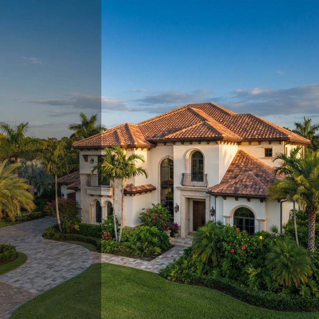Southwest Florida home with a new barrel tile roof at golden hour