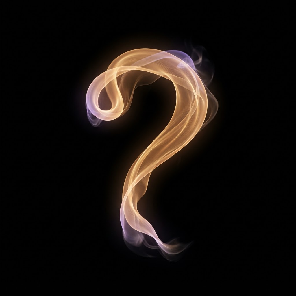 A question rendered visible — flowing silk of warm golden light dissolving into smoke