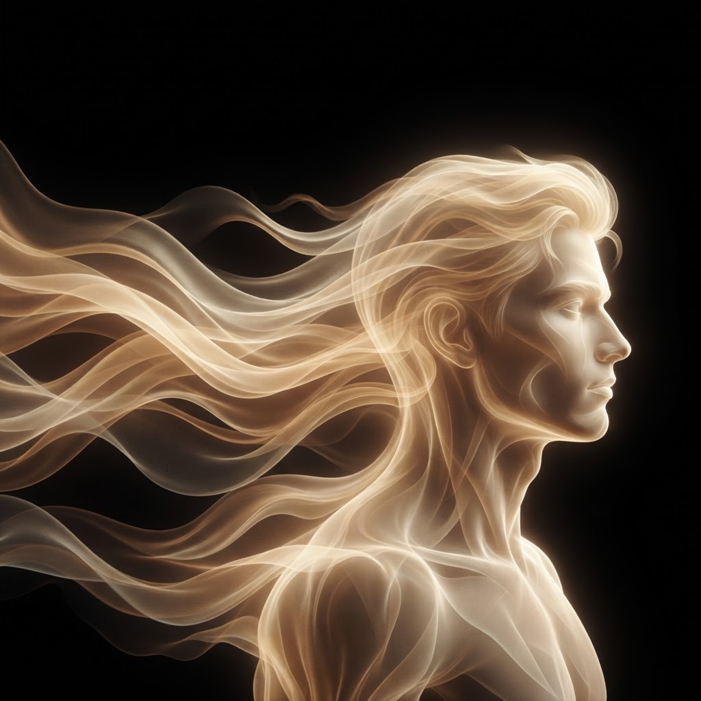 Young man's profile dissolving into flowing silk waves