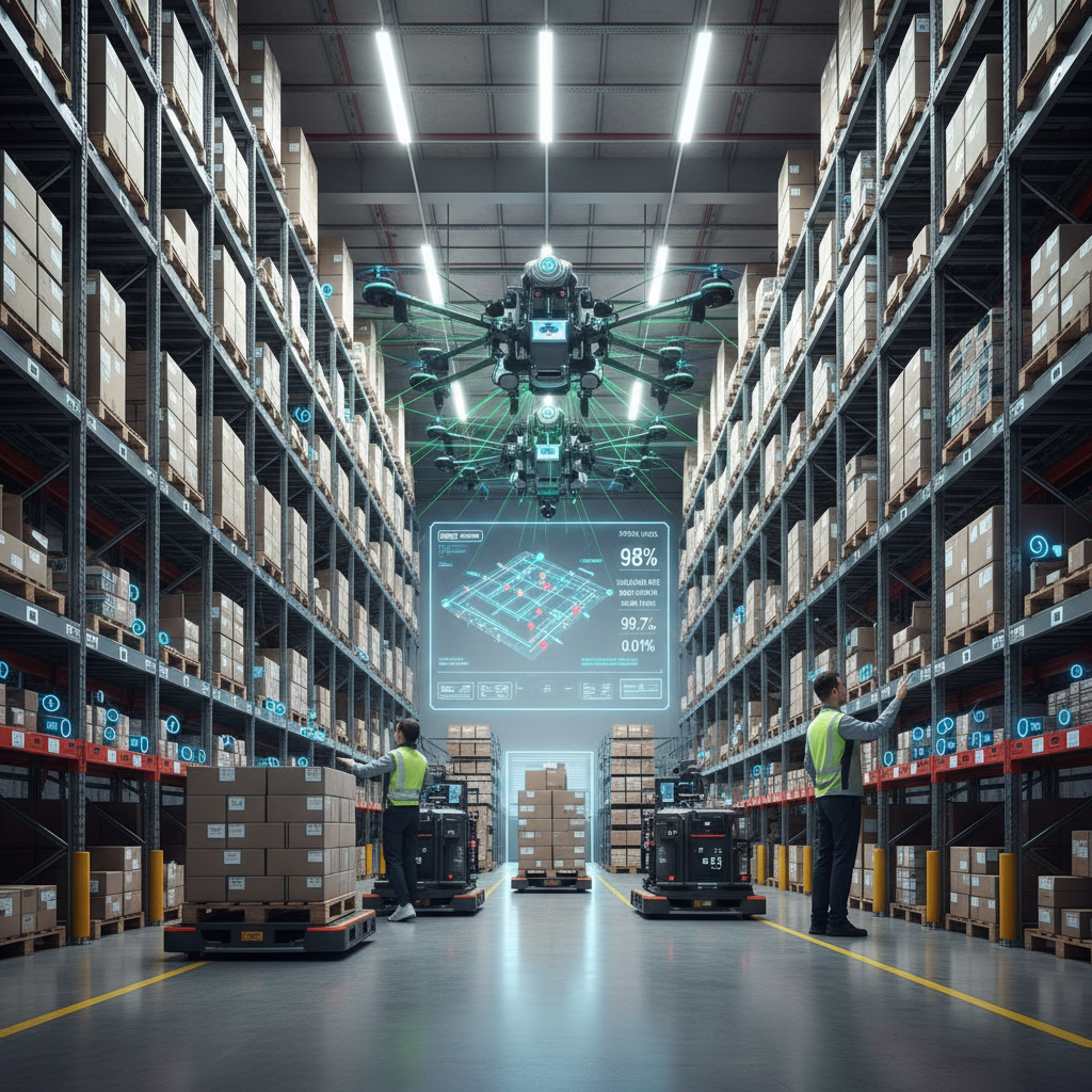 Imagen de un almacén moderno con tecnología RFID y gestión de inventario eficiente.