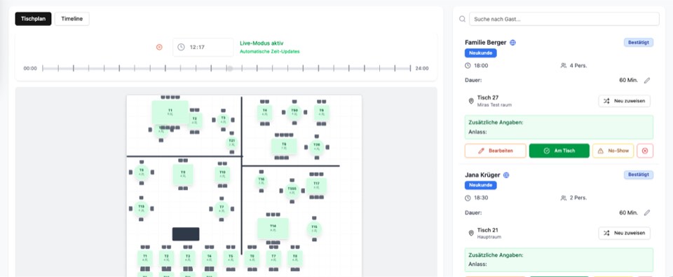 Tagesansicht in Simplefy Reserve: alle Reservierungen eines Abends mit Tisch, Uhrzeit und Personenzahl