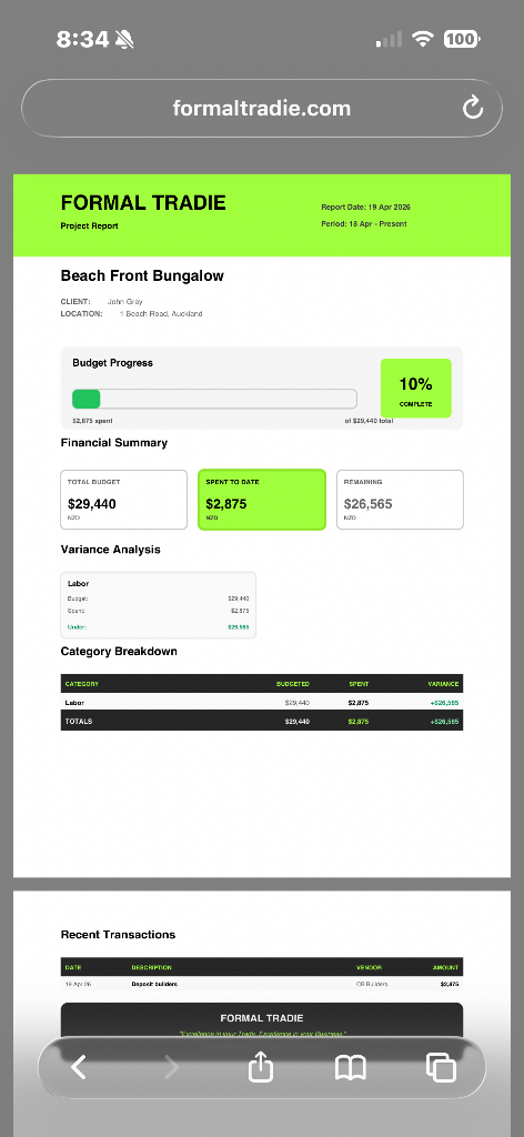 Formal Tradie generated project report showing budget progress, financial summary, variance analysis and transactions