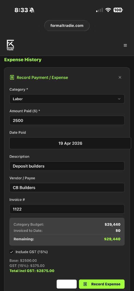 Formal Tradie Record Payment or Expense form showing category, amount, date, vendor and totals
