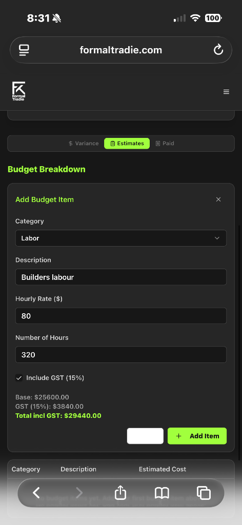 Formal Tradie Add Budget Item form showing category, description, hourly rate, hours and GST total