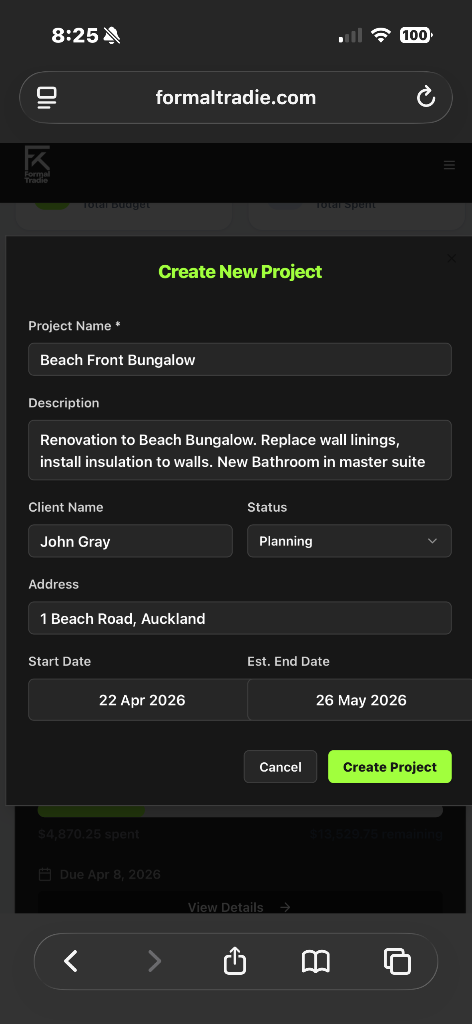 Formal Tradie Create New Project modal showing project name, description, client, status, address and dates