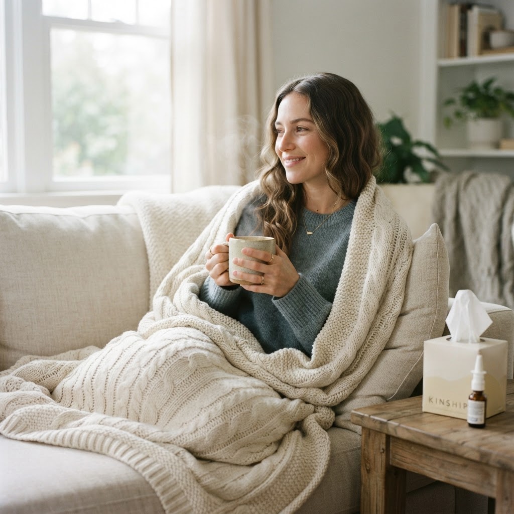 Person wrapped in a blanket with tea and tissues while managing cold symptoms