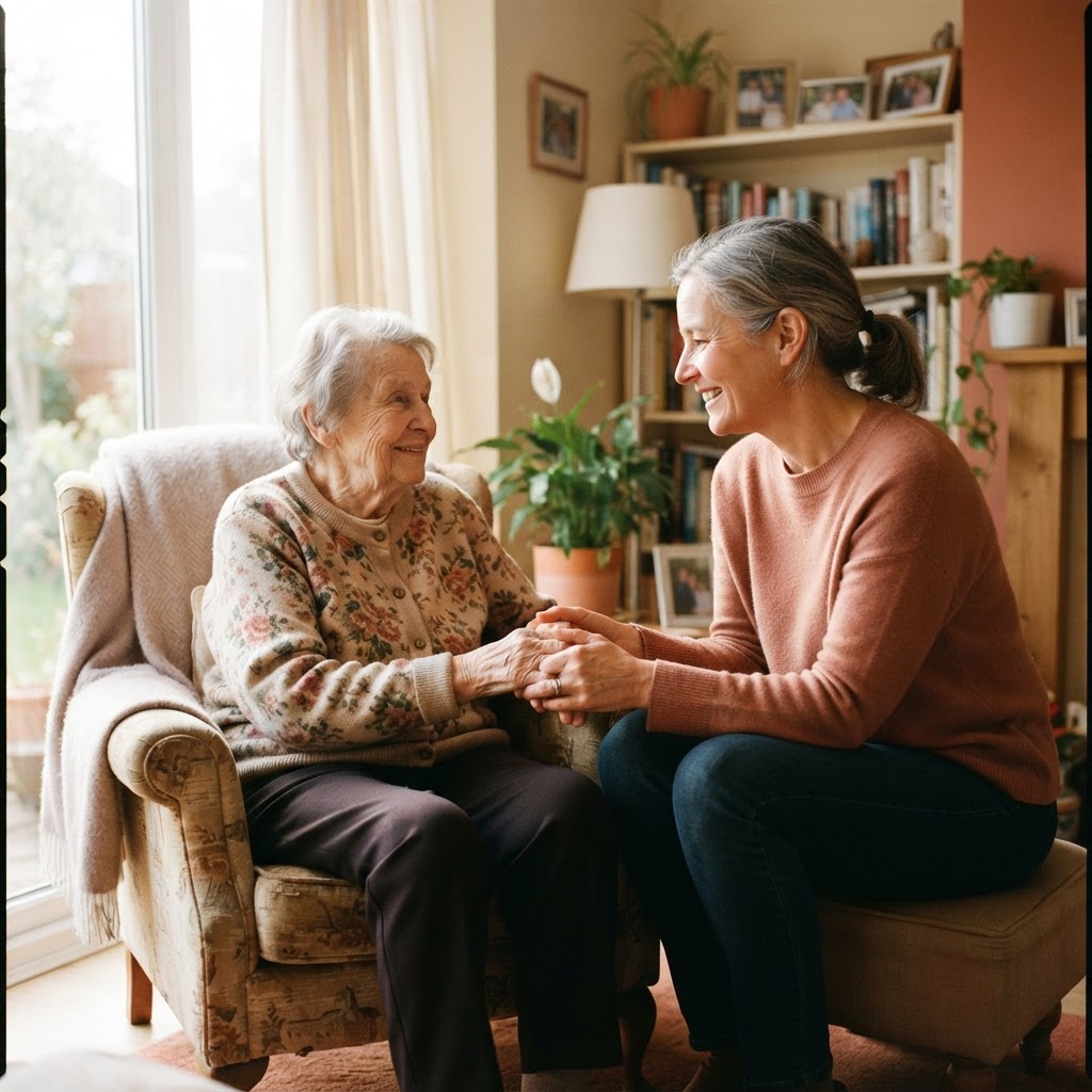 A compassionate caregiver holding the hands of an elderly client