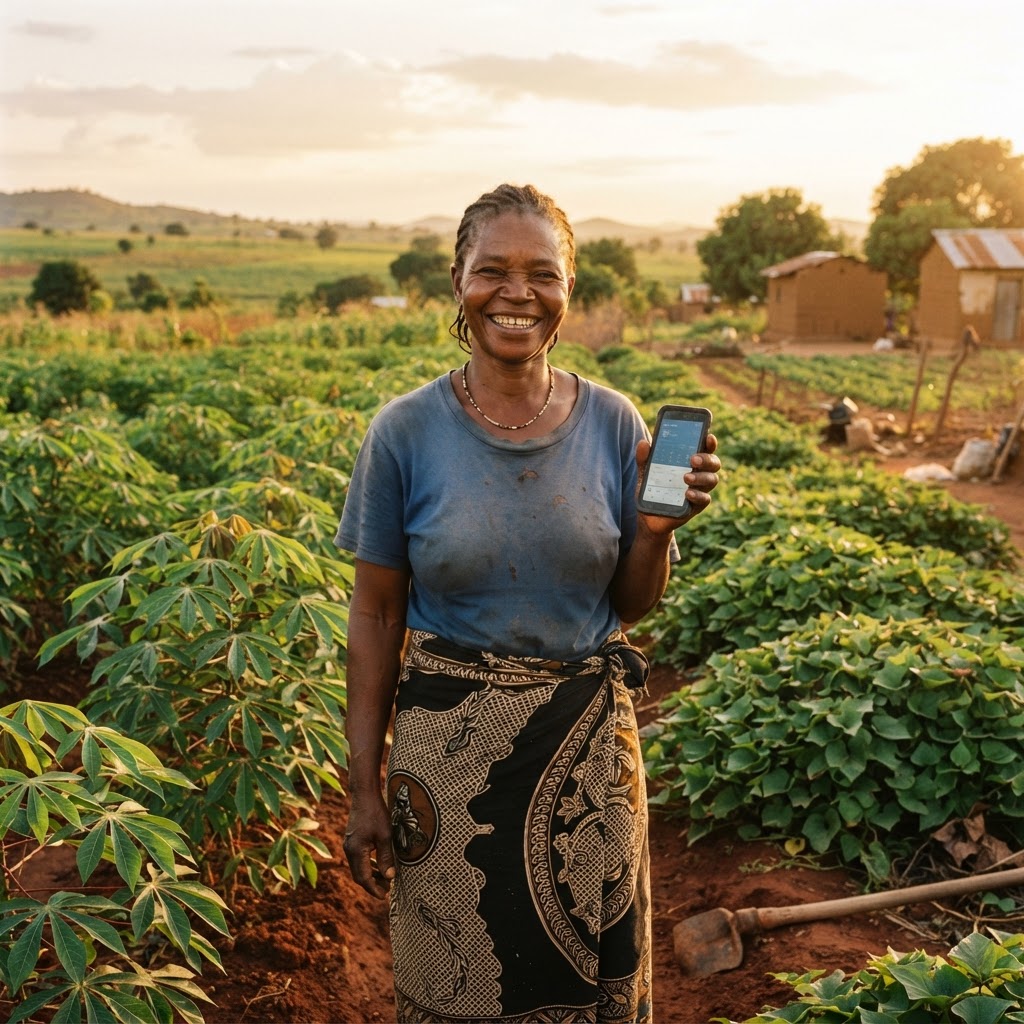 Produtora angolana no campo com smartphone