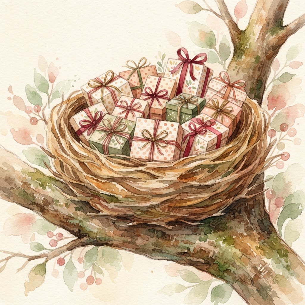 A cosy nest filled with wrapped gifts