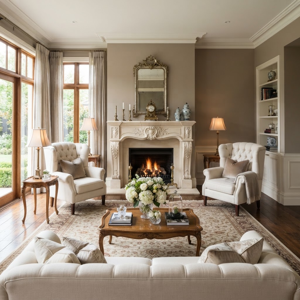 Staged living room prepared for private showings
