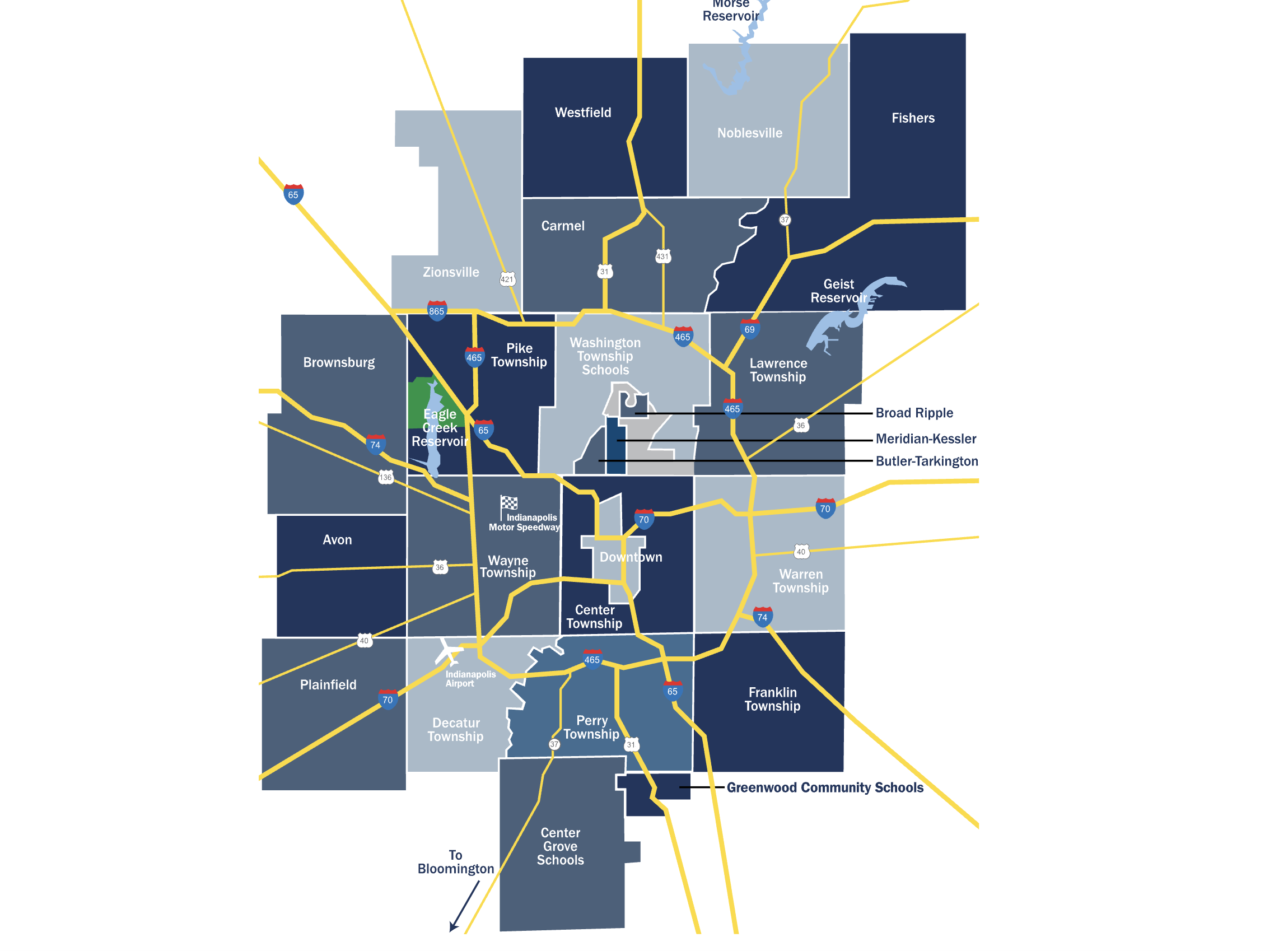 Map of the Indianapolis metro area with surrounding suburbs and townships