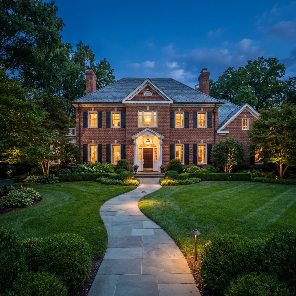 Traditional brick home glowing at dusk