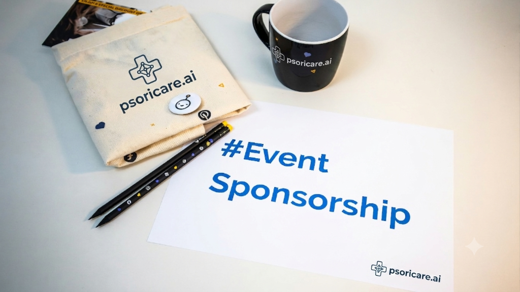 PsoriCare event sponsorship materials arranged on a desk