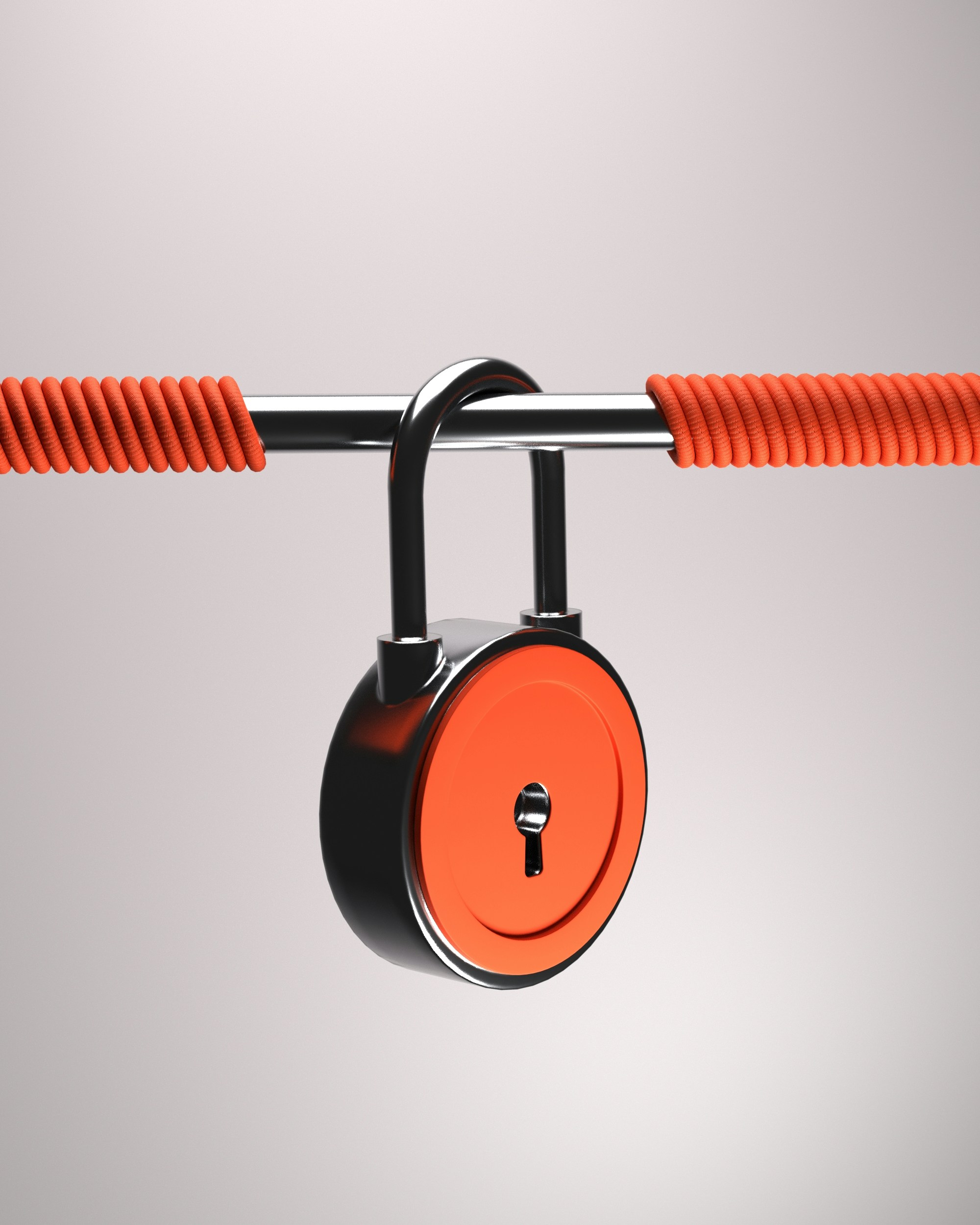 Orange padlock securing a metal bar wrapped with orange rope
