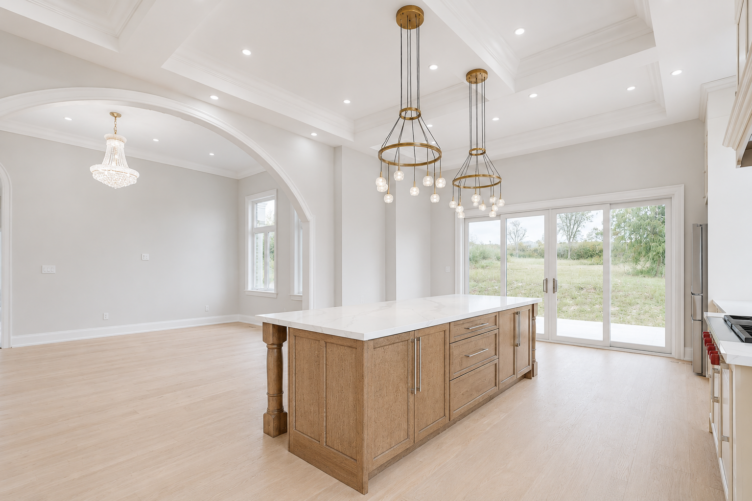Richard Underhill Residence kitchen island with arched entryway