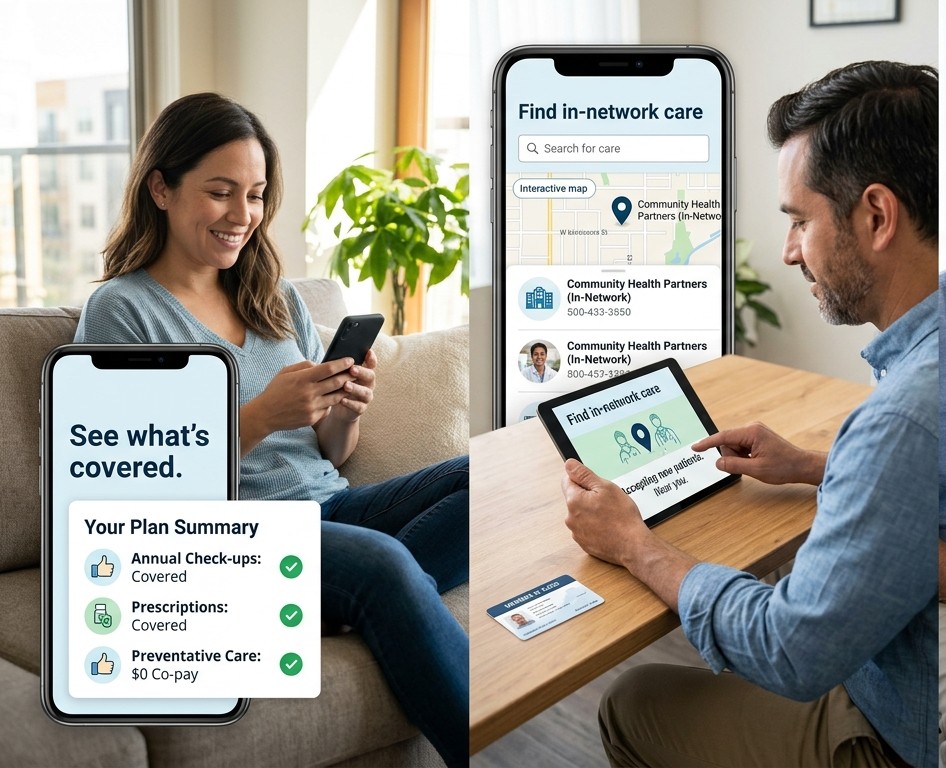Plan summary and in-network care finder on mobile devices