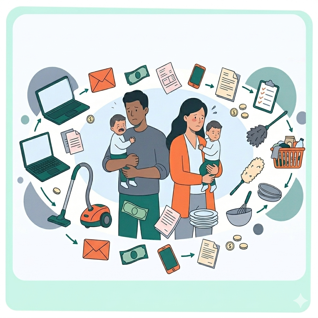 Overwhelmed parents juggling household chaos - emails, chores, finances and family tasks