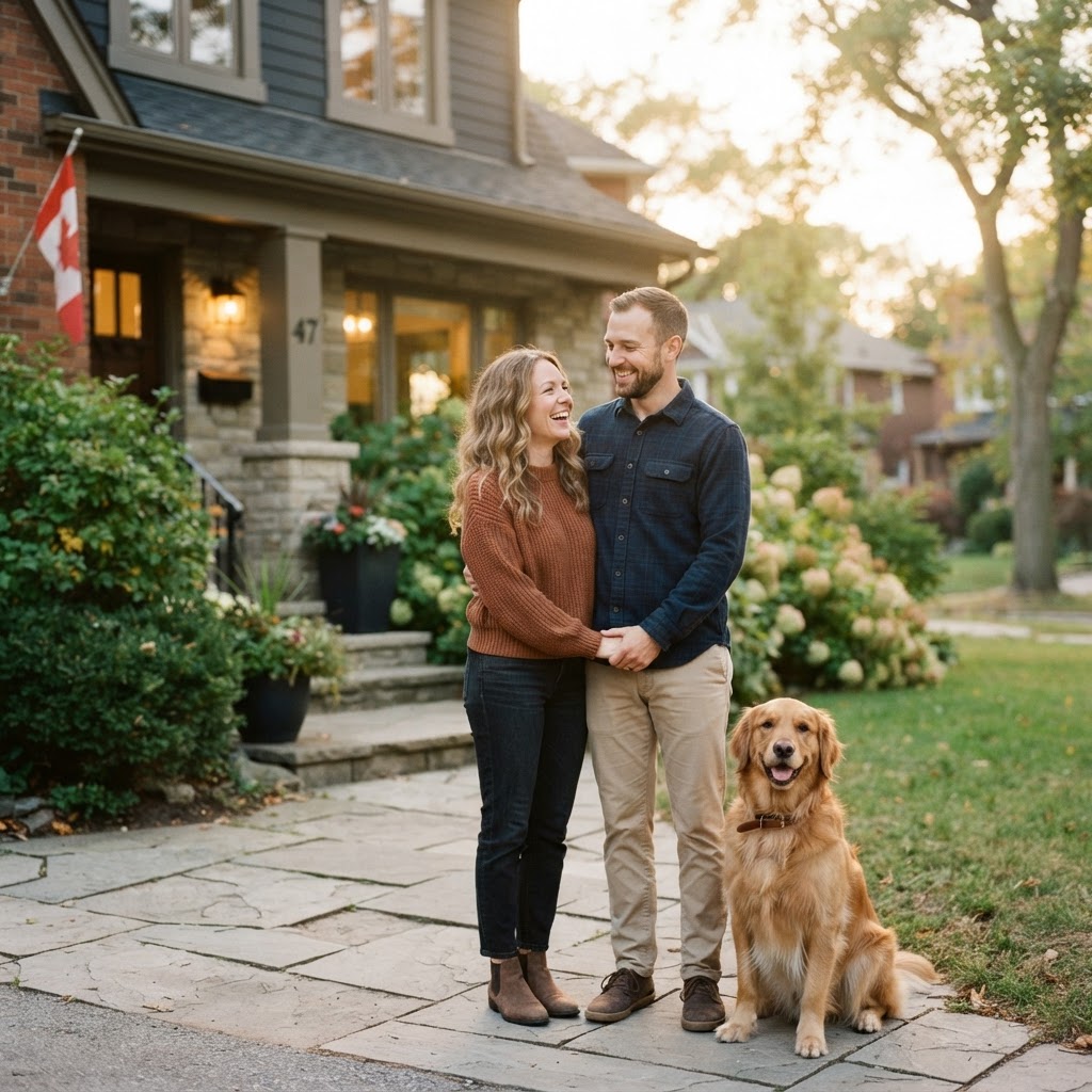 Couple in front of their home with their dog