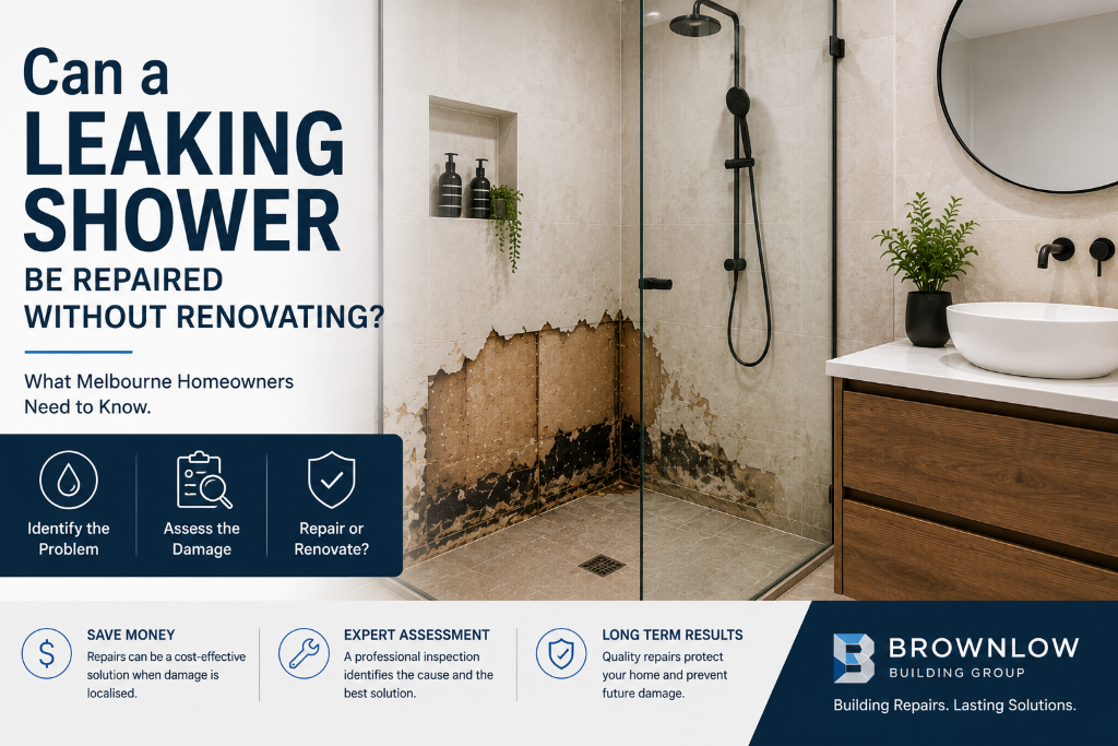 Leaking shower repair assessment showing bathroom waterproofing issues and water damage in Melbourne