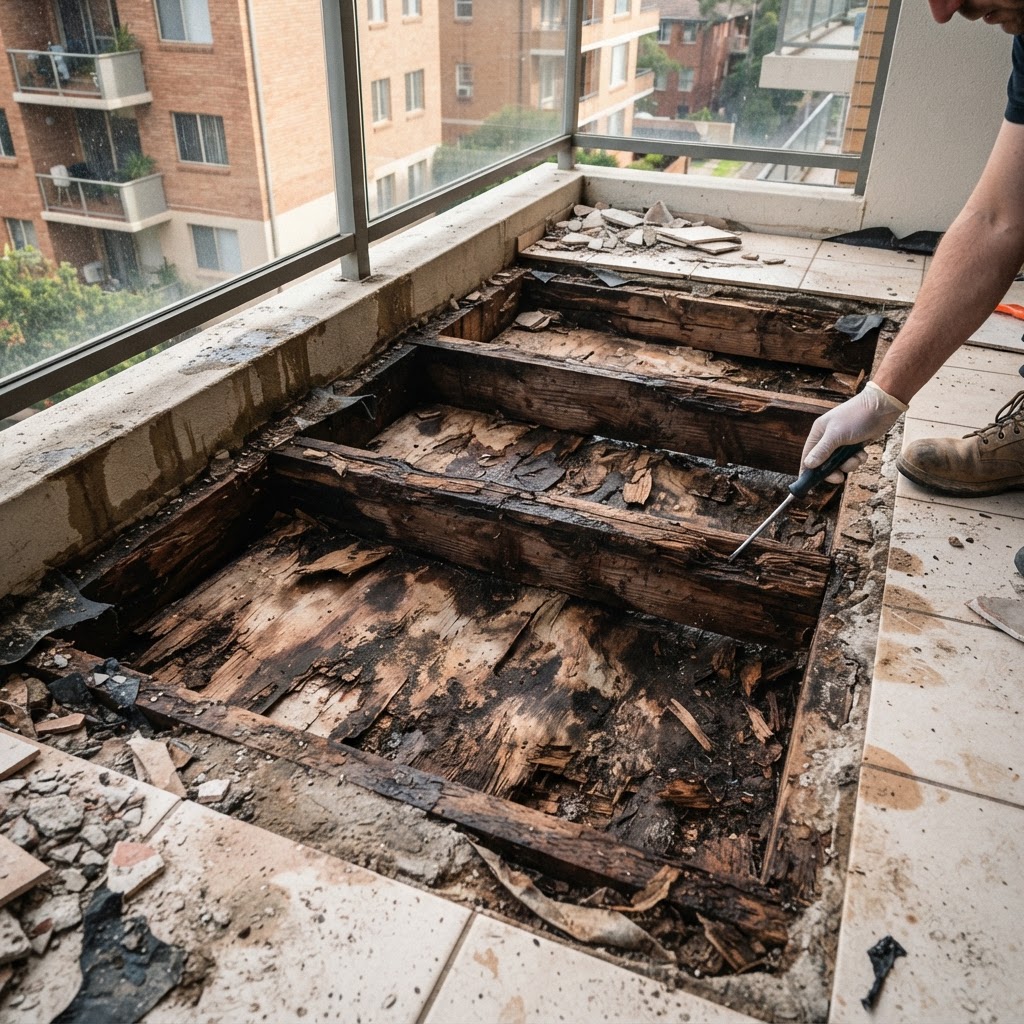 Balcony tiles and screed removed exposing deteriorated timber framing and substrate with water staining