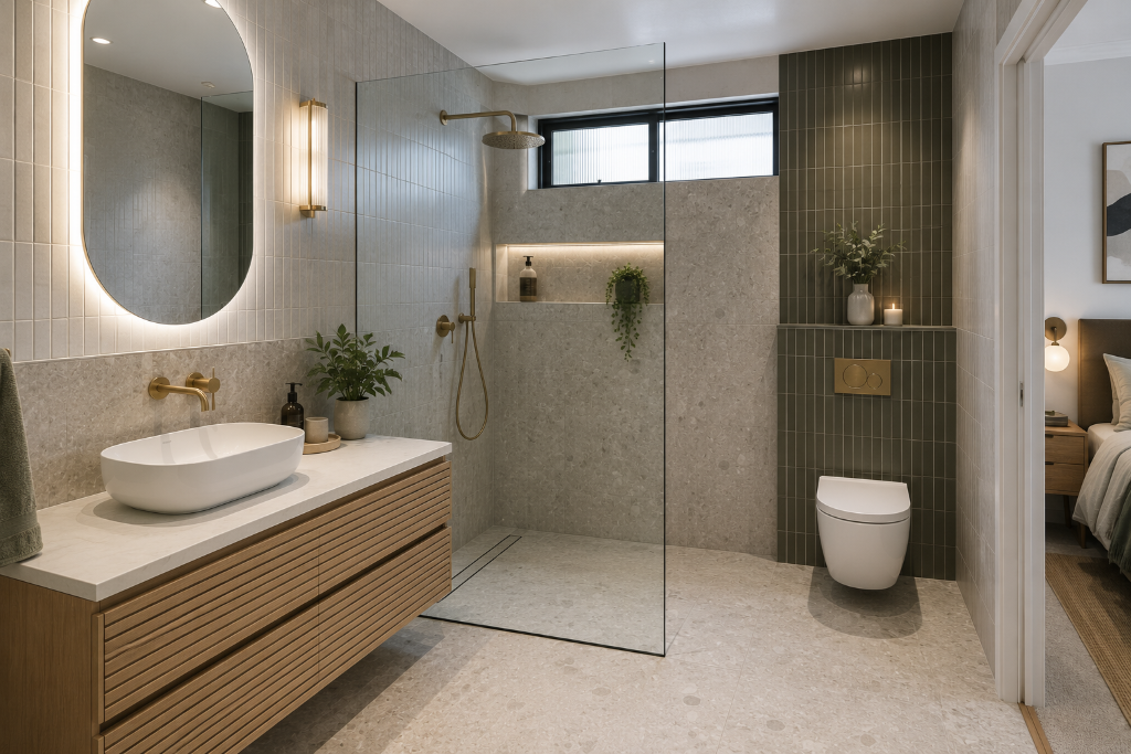 Luxury ensuite renovation in Melbourne with frameless shower, floating timber vanity and designer lighting