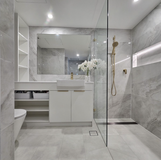 Full bathroom overview — vanity & shower