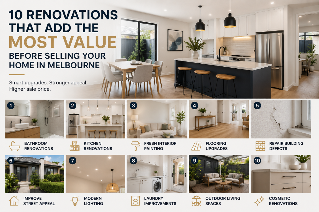 10 renovations that add the most value before selling your home in Melbourne, including kitchen renovations, bathroom renovations, flooring upgrades, cosmetic improvements and building repairs to maximise buyer appeal and sale price.