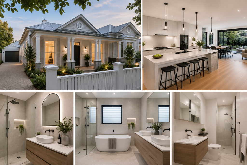 Luxury whole home renovation in Melbourne featuring a restored contemporary façade, spacious open-plan kitchen with stone island bench, and multiple designer bathrooms with premium finishes, demonstrating a complete home transformation by Brownlow Building.